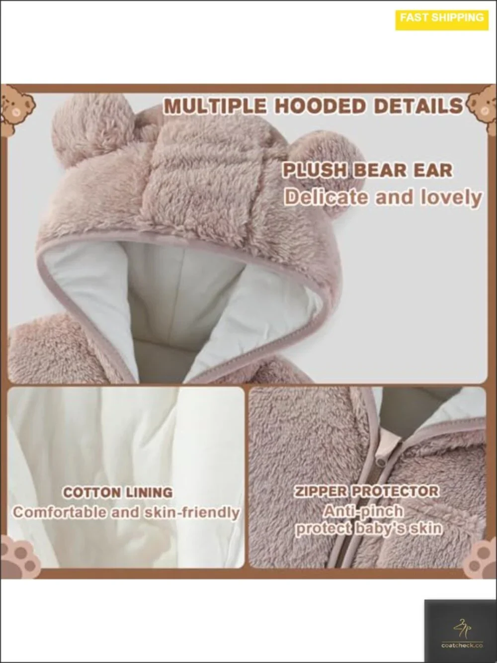 Newborn Baby Bear Fleece Hooded Romper with Fold-Over Mittens and Footies